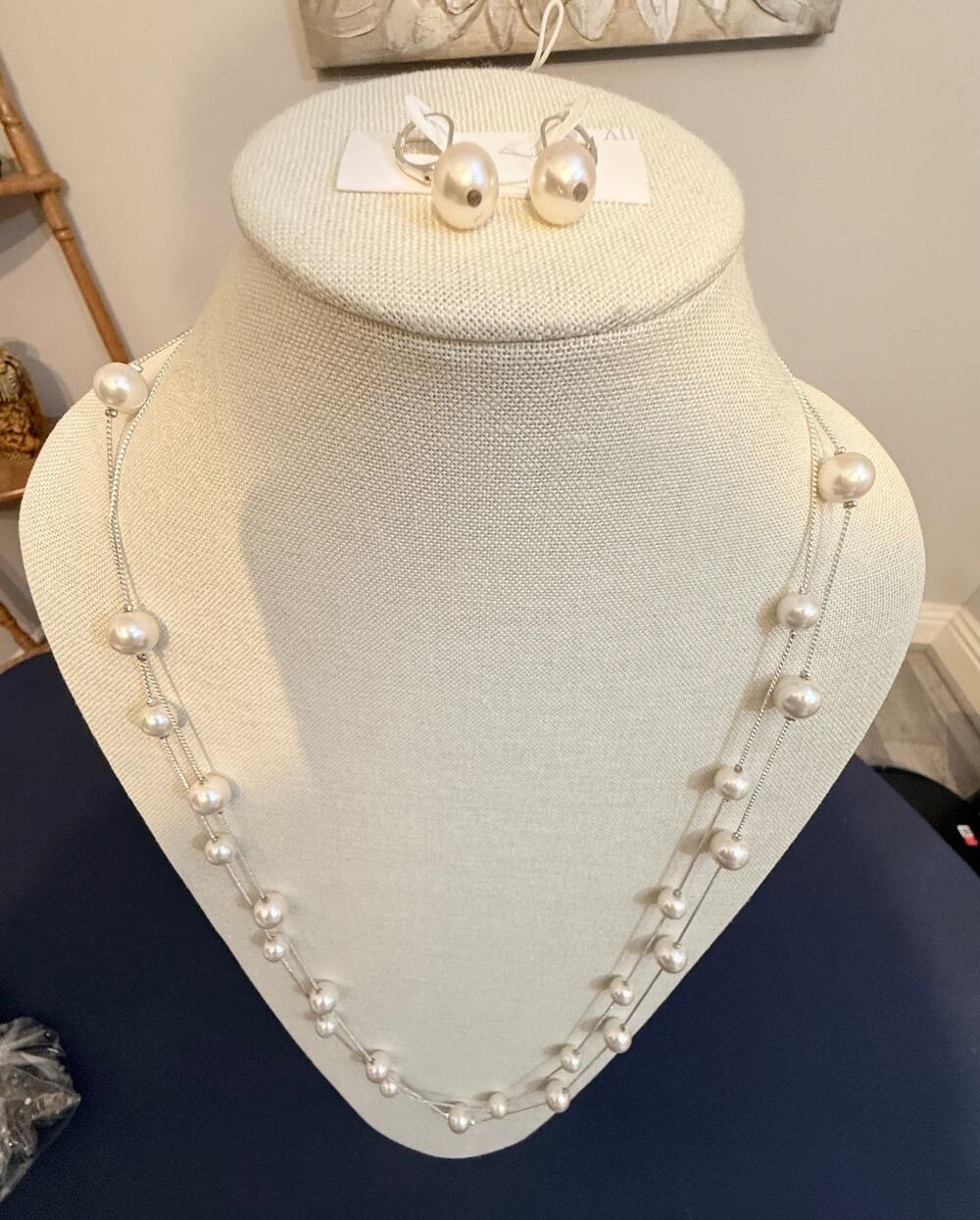 Vintage NOS Faux Pearl Necklace & Earrings Set 34”